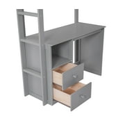 Euroco Wood Twin Size Loft Bed with Desk and Wardrobe, Gray