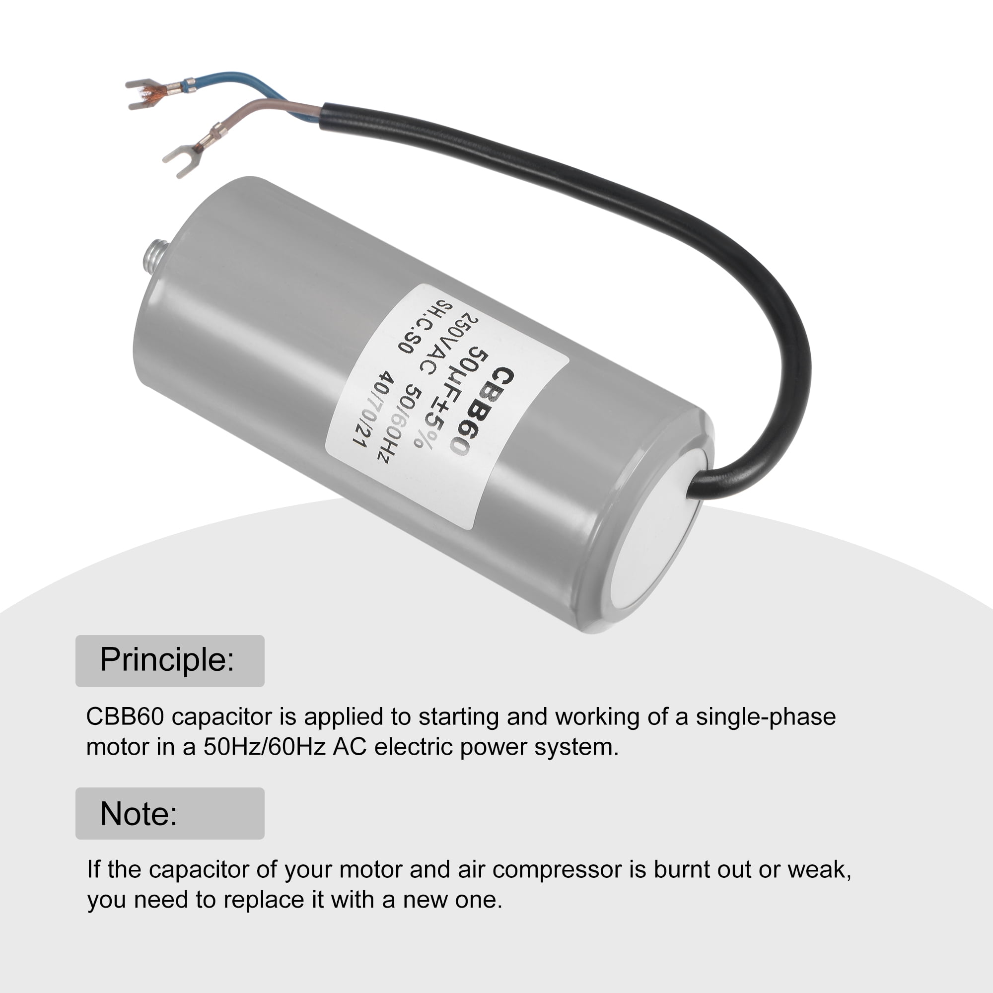 Uxcell 50uF 250V AC 50/60Hz 2 Wires w Fixing Stud, Terminal CBB60 Run Capacitor