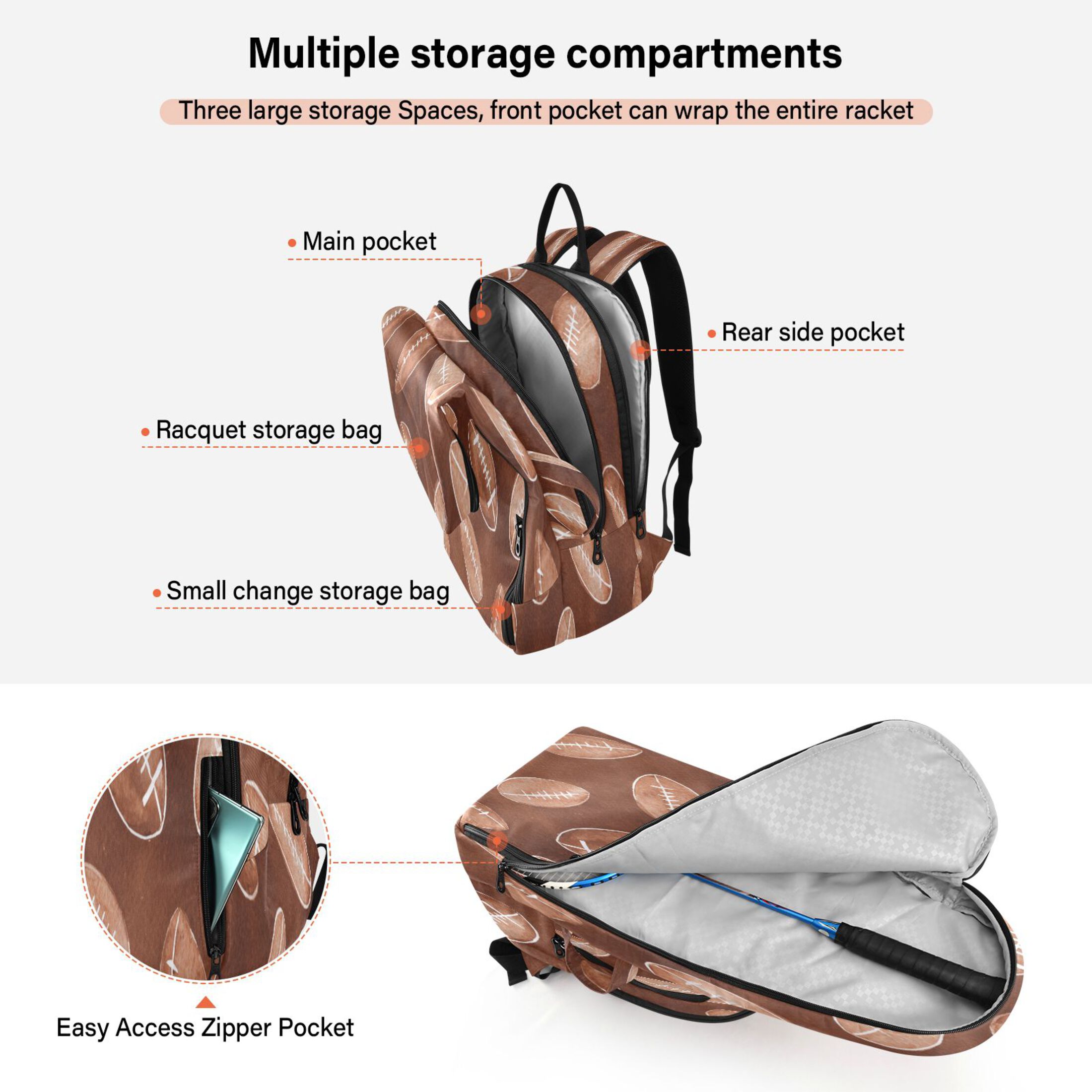 2 Racquet Holder Tennis Backpack Tennis Racket Covers Gym Bags Brown Rugby Balls Pattern