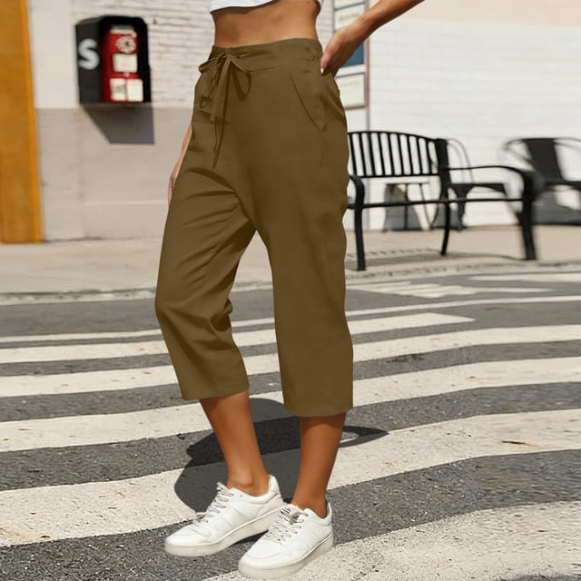TaTaai Women's High Waist Linen Pants Elastic Drawstring Waistband with Decorative Ruffles Loose Straight Leg Cropped Length Casual Trousers Featuring Side Pockets Gift