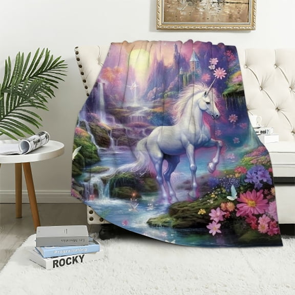 Fenyluxe Unicorn Fairyland Waterfall Cozy Throw Blanket Super Soft for All Seasons Flannel Material Blanket 40x50in