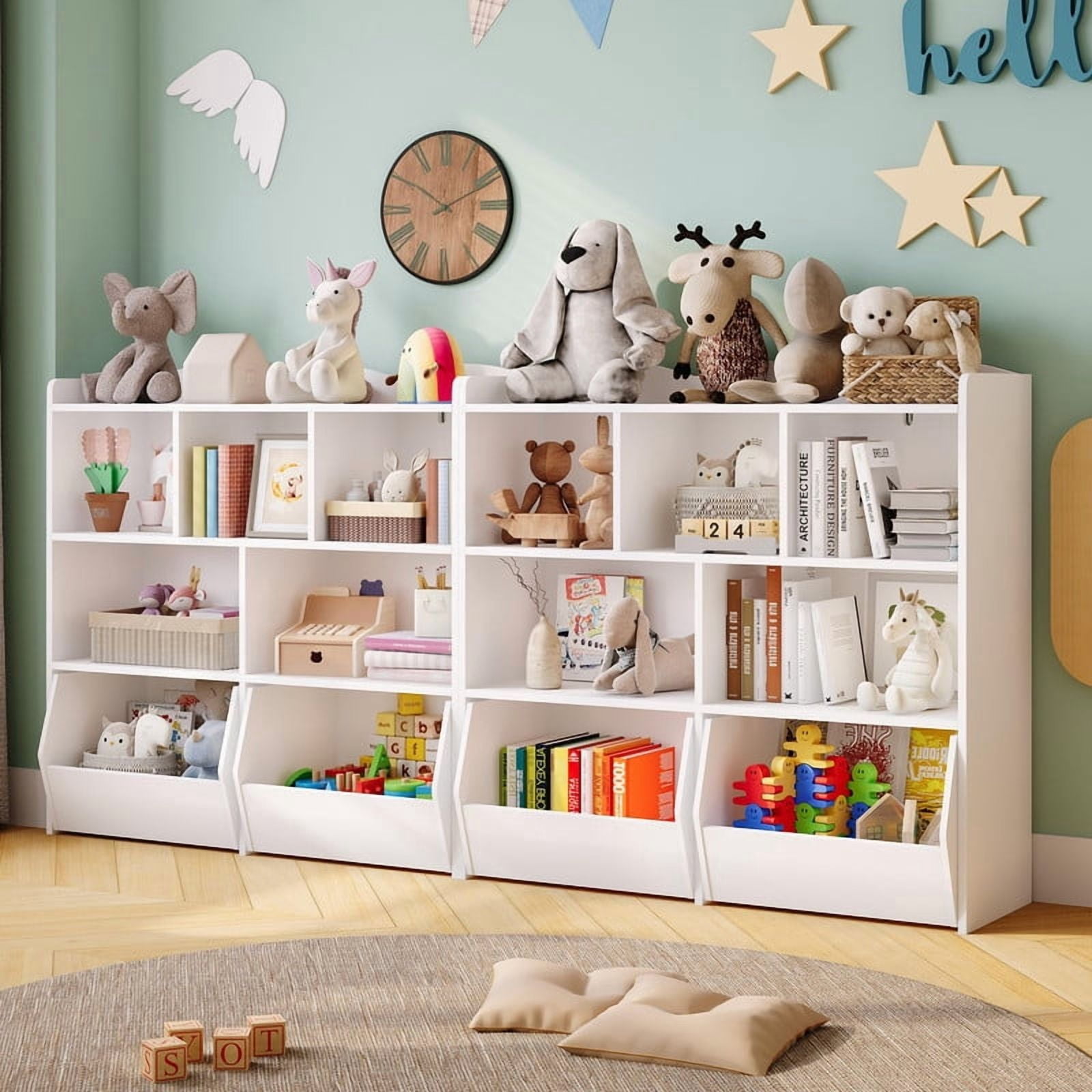 TROPOW Toy Storage Organizer with Movable Drawers, Kids Bookshelf with Hidden Wheels & Open Cubbies, Multifunctional Floor Storage Chest for Playroom
