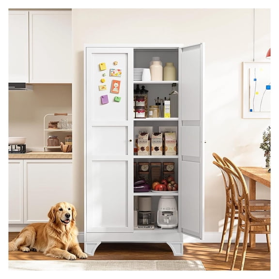 71 Inch White Metal Pantry Cabinet with 4 Adjustable Shelves, Heavy Duty Storage Unit for Kitchen, Garage, Office, and Bedroom, Double Door Design with 180 lb Capacity per Shelf
