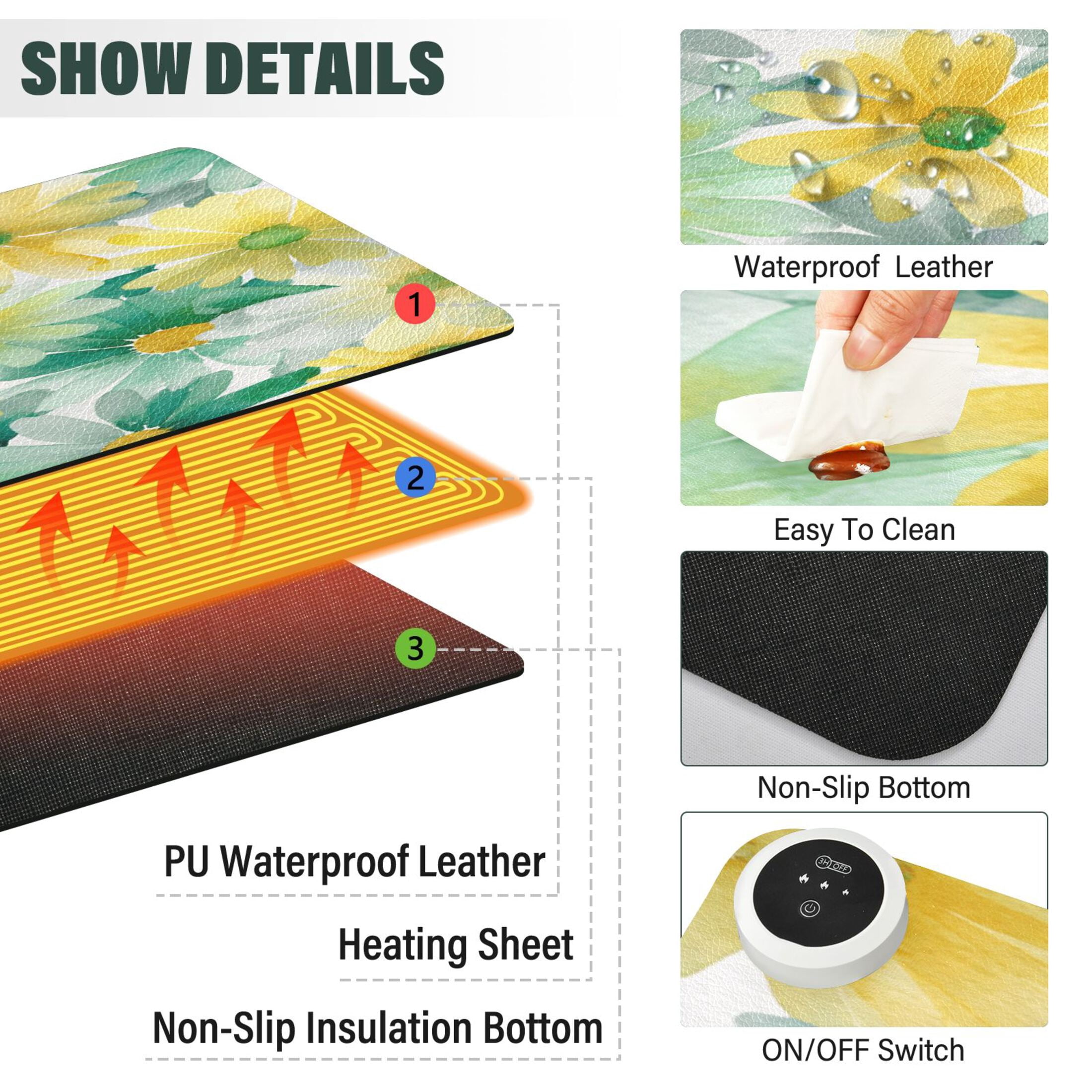 Large Heated Desk Mat Mouse Pad 31.5"x13"PU Leather Graphene Heating Desk Warmer with 3 Temperature Settings 110V US Plug Non-Slip Warm Pad for Home, Office, and Gaming Teal Yellow Daisy Print