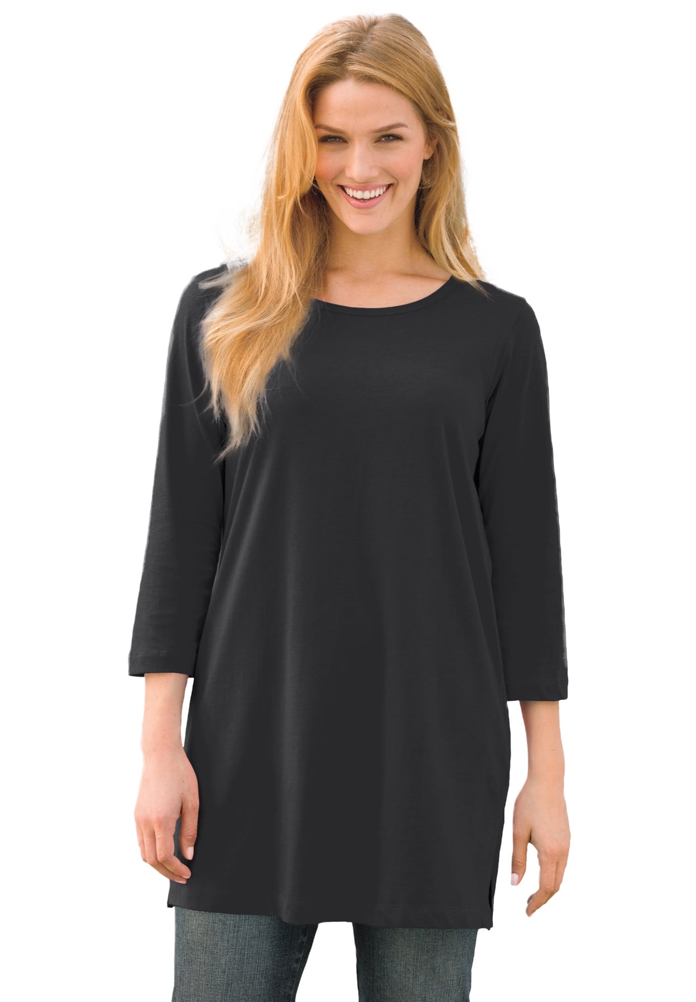Woman Within Women's Plus Size Perfect Three-Quarter-Sleeve Scoop-Neck Tunic Tunic