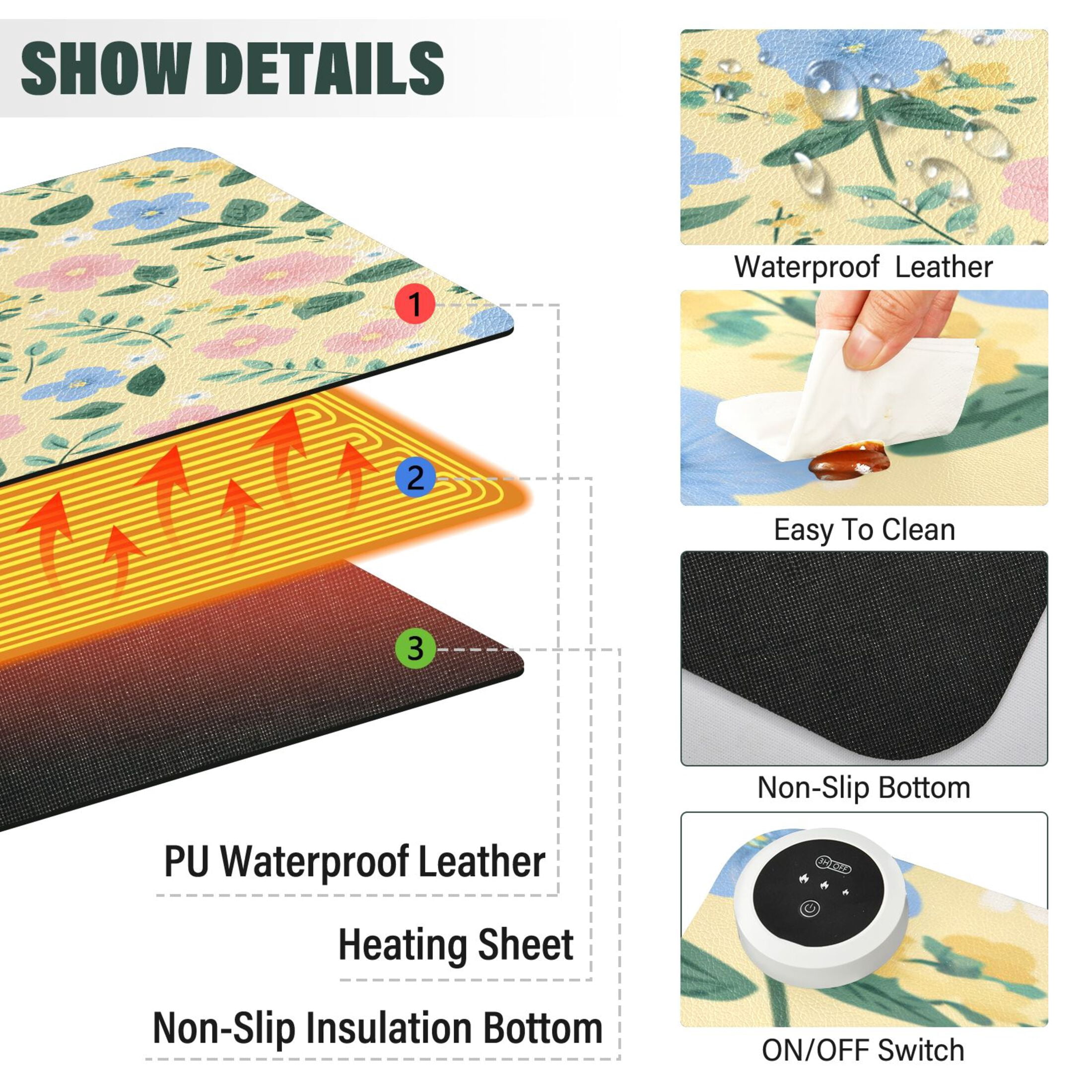 Large Heated Desk Mat Mouse Pad 31.5"x13"PU Leather Graphene Heating Desk Warmer with 3 Temperature Settings 110V US Plug Non-Slip Warm Pad for Home, Office, and Gaming Sweet Buttercup Floral Bloom