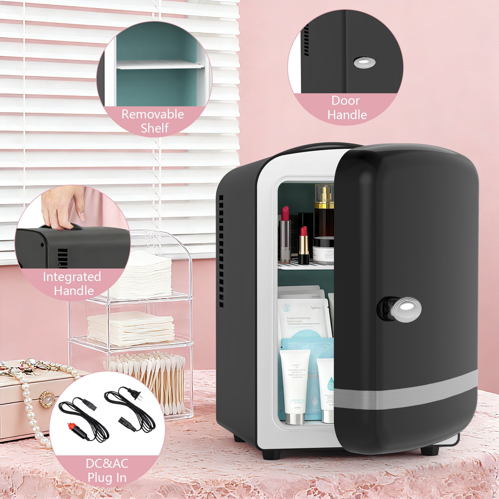 KNDKO Mini Fridge, 4L/6 Cans Cooler and Warmer Compact Refrigerator Skincare, Makeup & Drink, Portable Desk Fridge for Car, Office, Dorm, Black