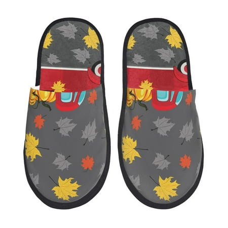 Balery Red Pickup Truck With Pumpkins Slient Indoor Furry Fleece Comfort House Shoes Soft Non-Slip Home Shoes Cotton slippers House Slippers-- Large