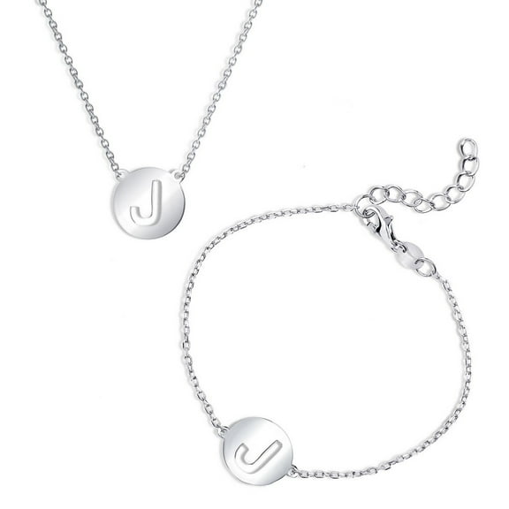 iJewelry2 Cut-out Polished Letter J Sterling Silver Initial Necklace and Bracelet Set