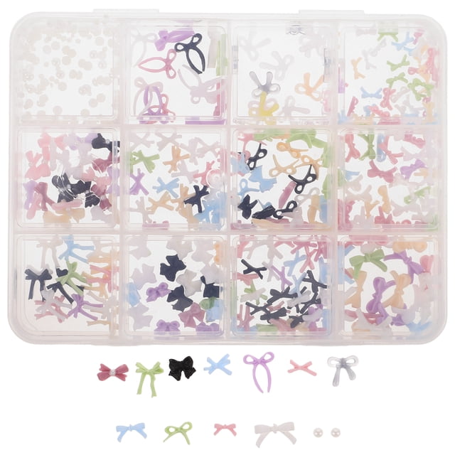 GOOHOCHY 1 caja de adornos de lazo 3D para decoración de uñas: adornos de uñas 3D kawaii de estilo dulce, decoraciones para uñas DIY, con 12 compartimentos de diferentes estilos.
