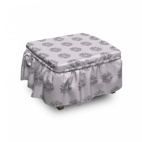 Floral Ottoman Cover, Hand Drawn Flowers and Dots, 2 Piece Slipcover Set with Ruffle Skirt for Square Round Cube Footstool Decorative Home Accent, Standard Size, Pale Mauve Charcoal Grey, by Ambesonne