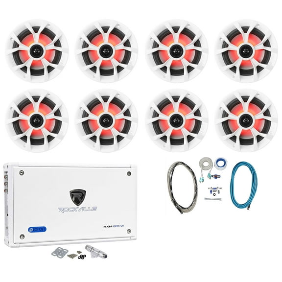 (8) Rockville RKL65MBW 6.5" 700 Watt Marine Boat LED Speakers Amplifier Amp Kit