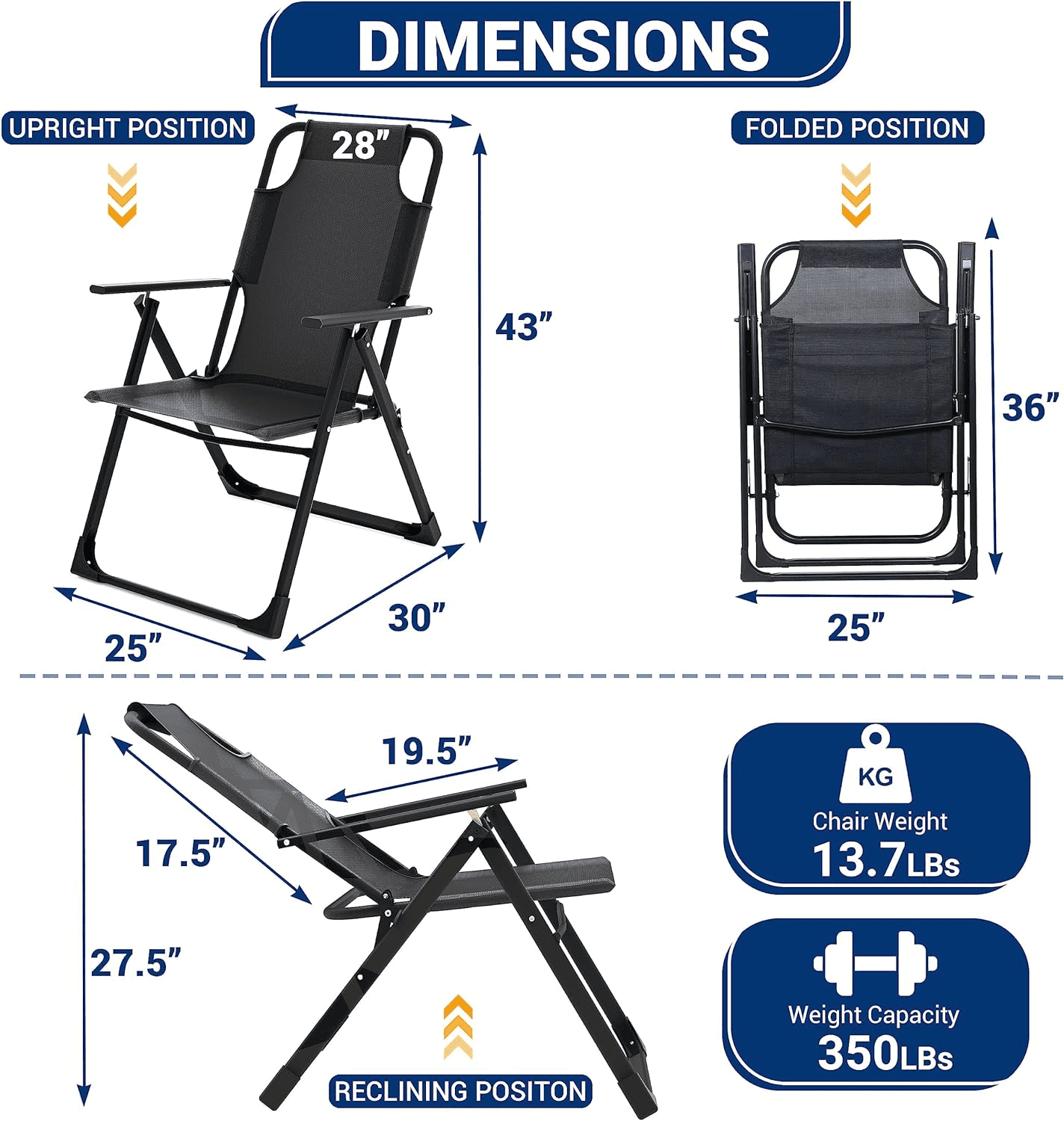 Amopatio Outdoor Folding Patio Sling Chairs Set of 4, Adjustable Recliner for adult, for Outdoor Camping Garden,300LB