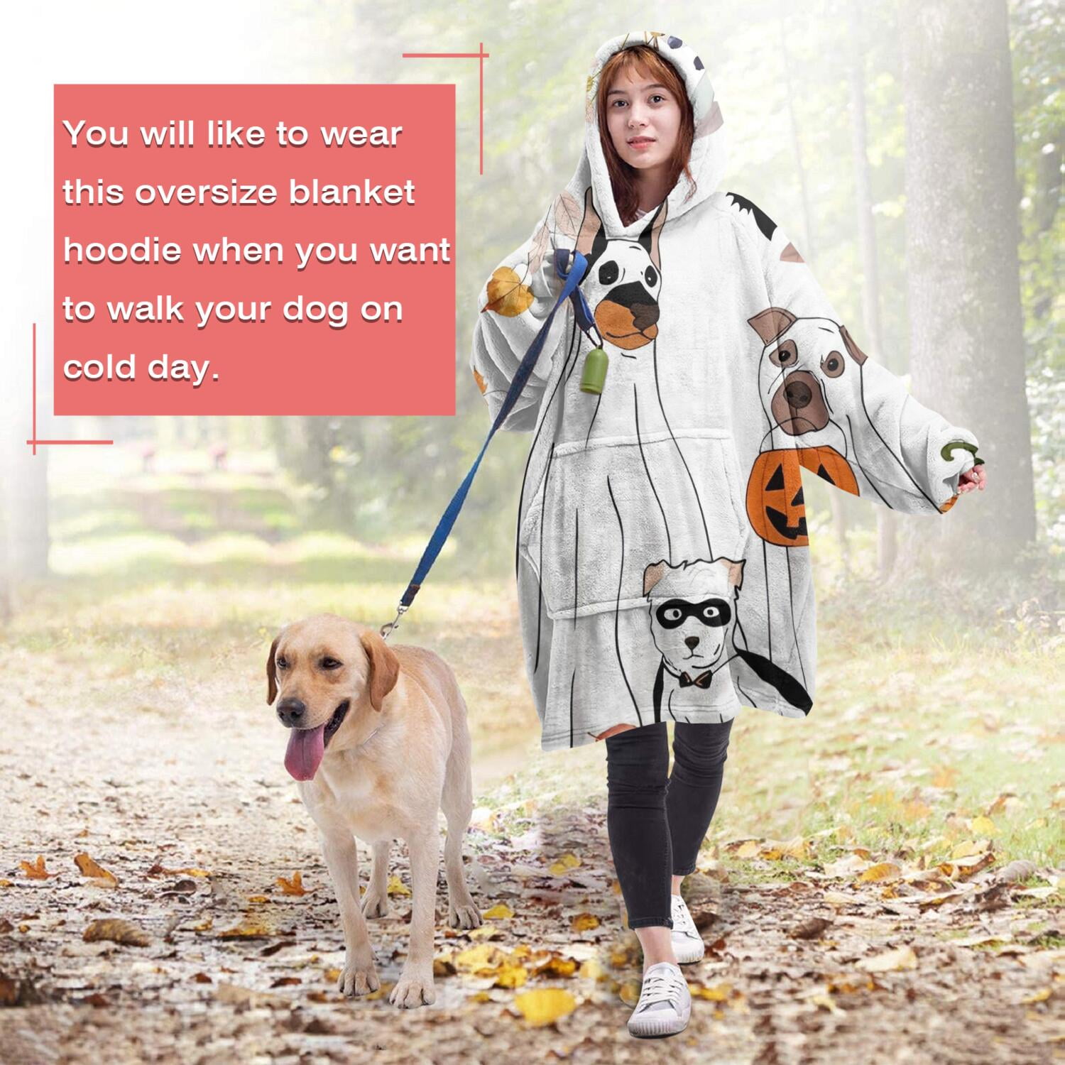 Wearable Oversized Blanket,Halloween Dogs in Ghost Costumes Wearable Blanket Hoodie for Adults,Cozy Hooded Blankets with Super Pockets,Super Warm Fuzzy Pullover for Women & Men