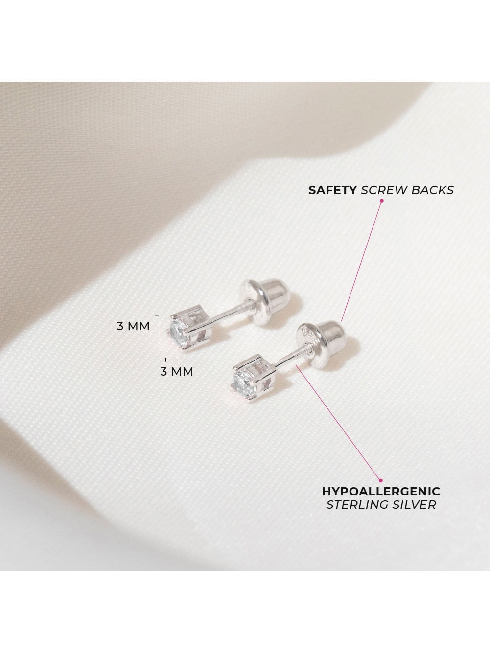925 Sterling Silver 3mm CZ Round Screw Back Earrings for Infants &Toddlers