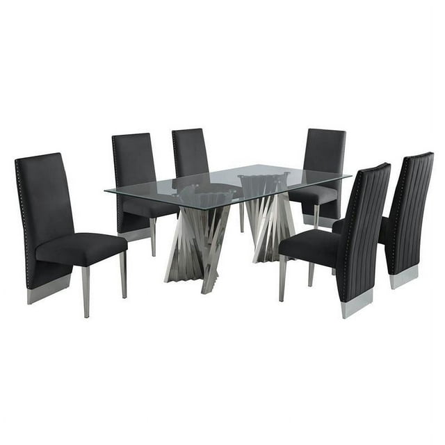 Clear Glass Dining Set with Table and 6 Black Velvet Chairs