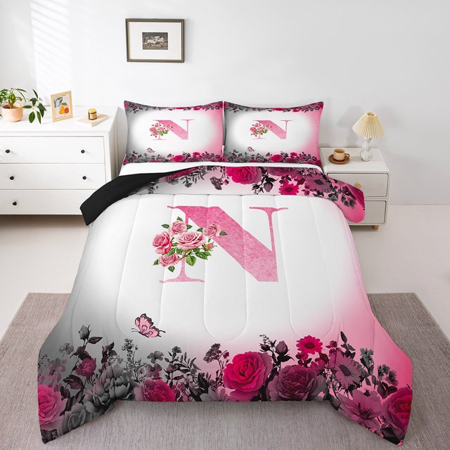 Erosebridal Letter Initial Bedding Twin Comforter Set,Monogrammed Personalized Down Comforter,Flower Decor,Reversible,Lightweight,2-Piece