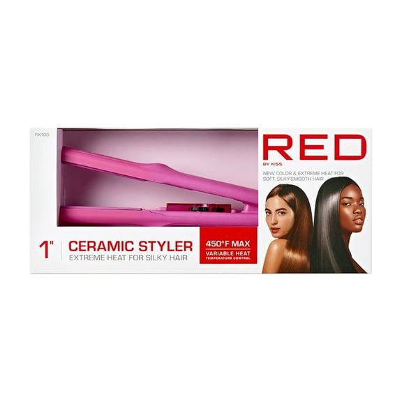 Red by Kiss 1" Ceramic Styler Flat Iron, Up to 450 F Variable Heat Settings for Silky Smooth Hair, Professional Ceramic Plates, Tangle-Free Swivel Cord (Pink)