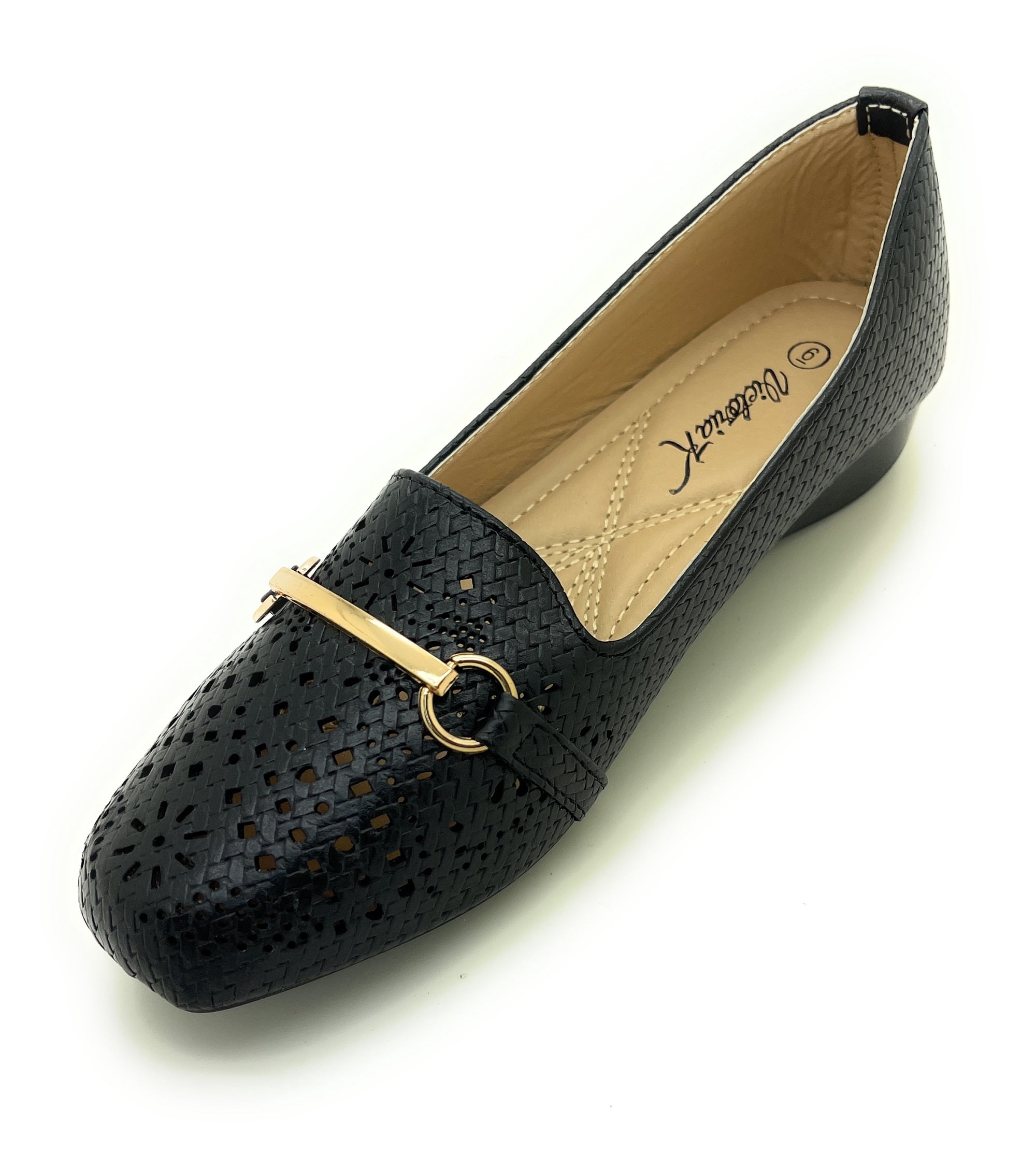 Women’s Stylish Perforated Slip-On Loafers – Lightweight Low Wedge Dress Flats with Cushioned Insole, Breathable Cutout Design, and Gold Buckle Accent – Comfortable Everyday Work or Casual Shoes