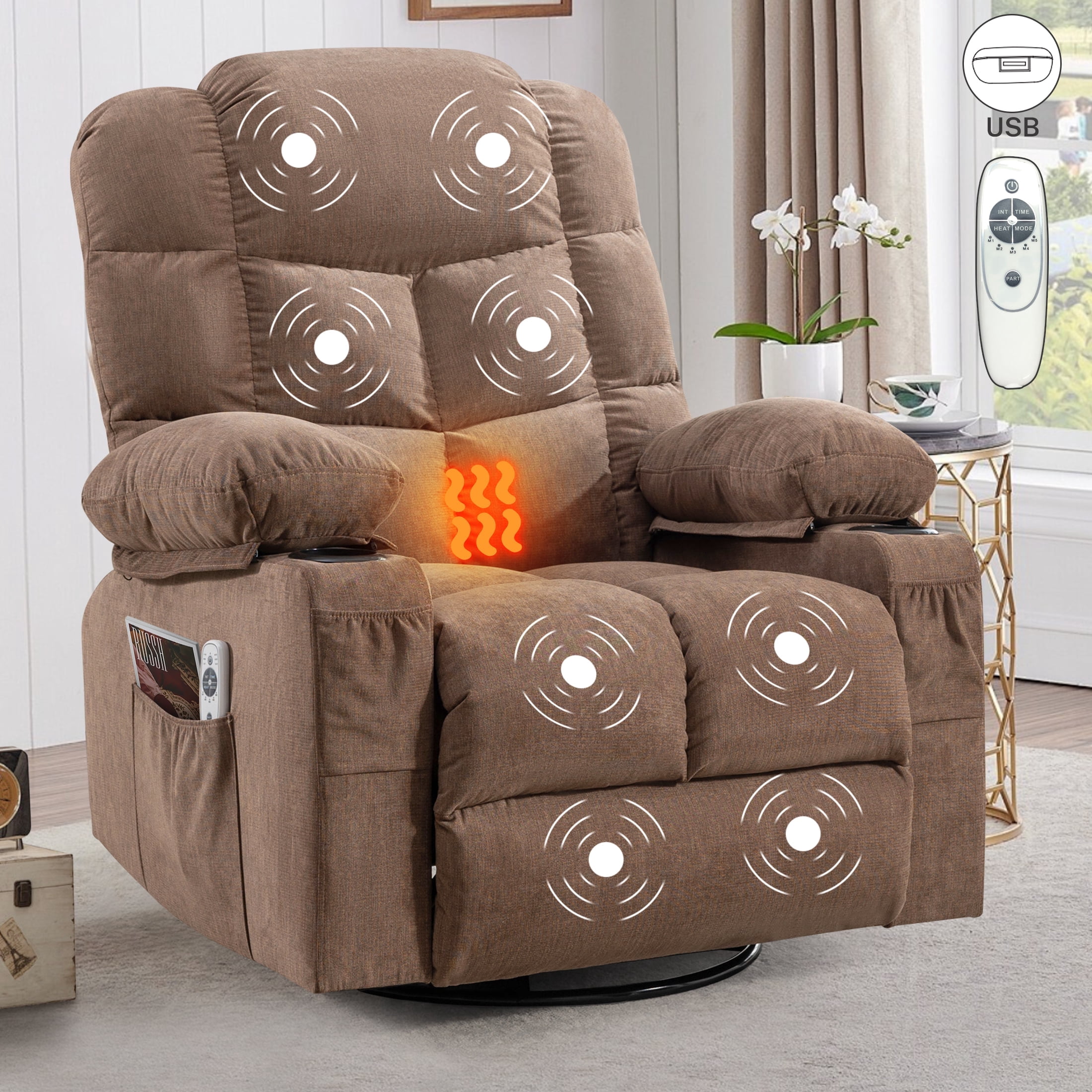 Sesslife Swivel Rocker Recliner Chair with Heat and Vibration Massage, Manual Fabric Lounge Chair with Side Pockets, 2 Cup Holders, USB Charge Port, Single Sofa Chair for Bedroom Theater, Brown