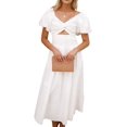 thumbnail image 2 of Women'S Summer Boho Maxi Dress V-Neck Cute Bubble Short Sleeve A-Line Long Dress with Pocket White XL, 2 of 10