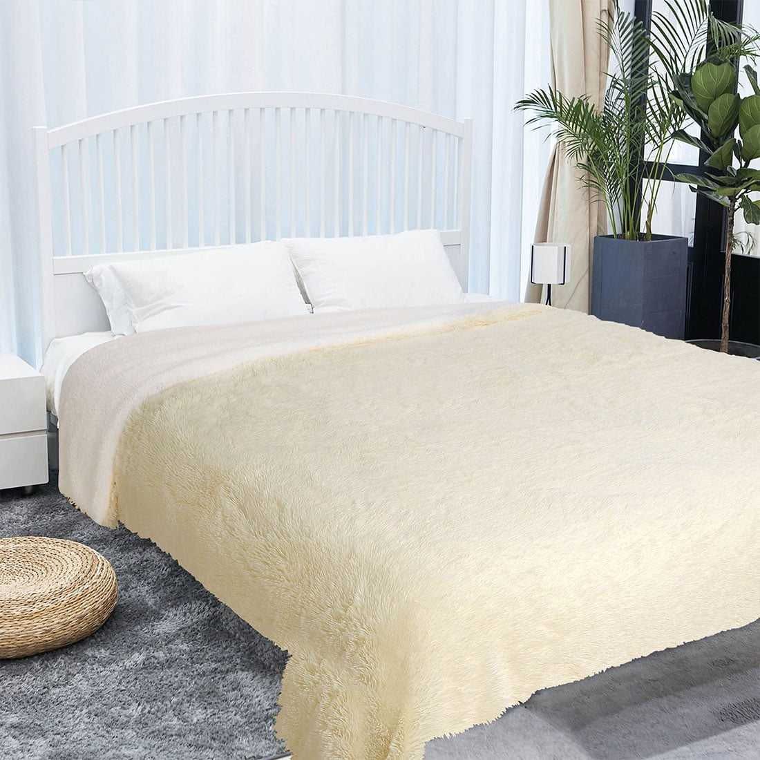 Unique Bargains Shaggy Faux Fur Soft Sherpa Blanket Beige Queen(90" x 90")