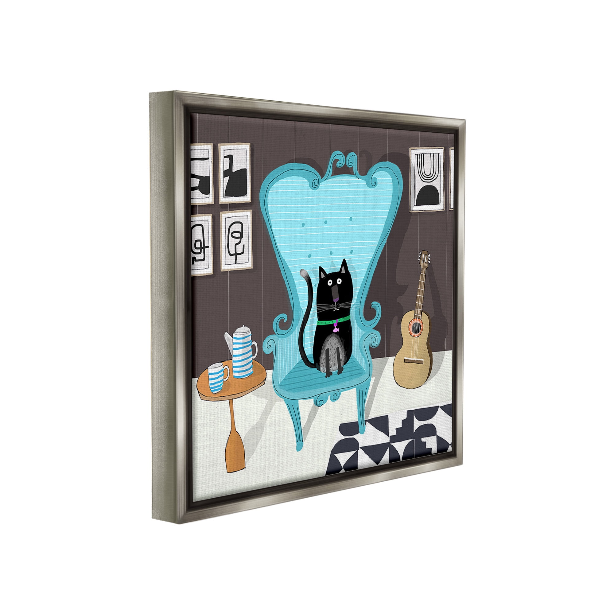 Stupell Industries Cat in Modern Room Animals & Insects Painting Gray Floater Framed Canvas Art Print Wall Art, 18 x 18