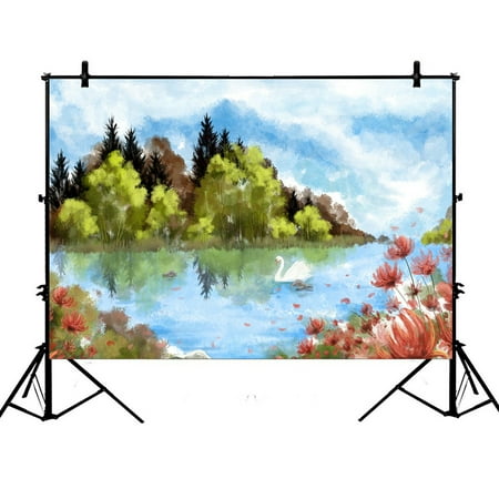 Photography Artwork - PHFZK 7x5ft Watercolor Landscape Backdrops, Beautiful Swan Lake Artwork Photography Backdrops Polyester Photo Background Studio Props