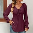 thumbnail image 2 of YYDGH Women's V Neck Drawstring Ruched Tops Puff Long Sleeve Ruffle Cuff Shirts Solid Color Casual Blouses Wine Red XL, 2 of 5