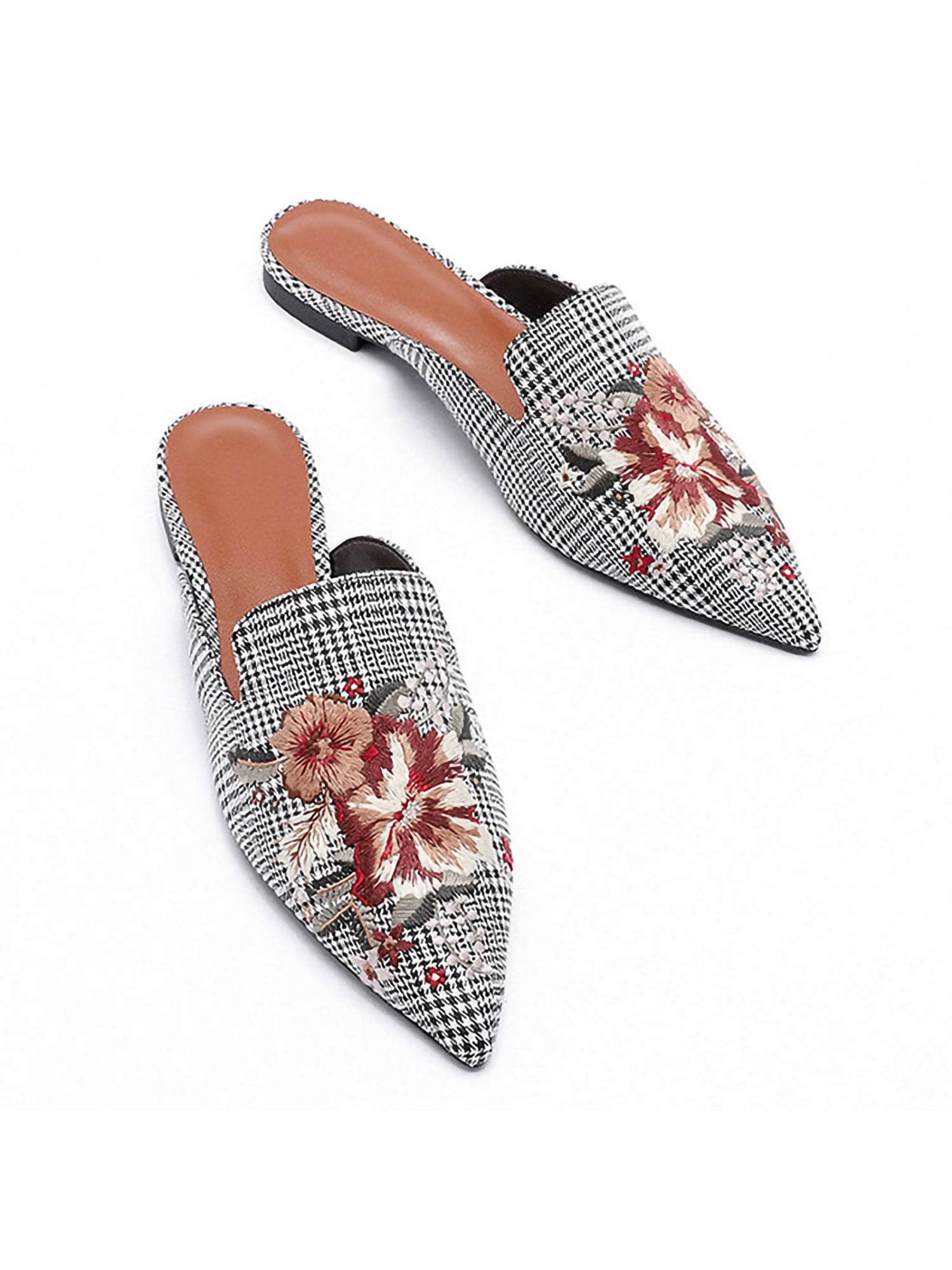 Details about   Women's Flower Embroidery Flat Mules Slippers Vintage Velvet Pointed Toe Shoes
