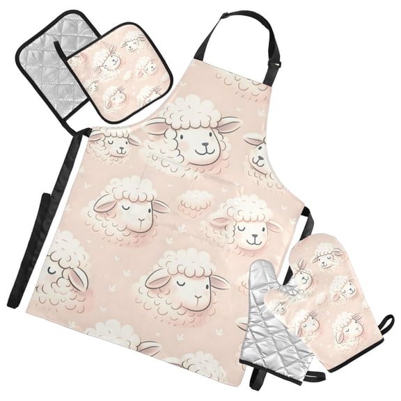 Cute Sheep Head 5 Pcs Kitchen Set Heat Resistant Oven Mitts and Non-Slip Pot Holders with Adjustable Cooking Apron