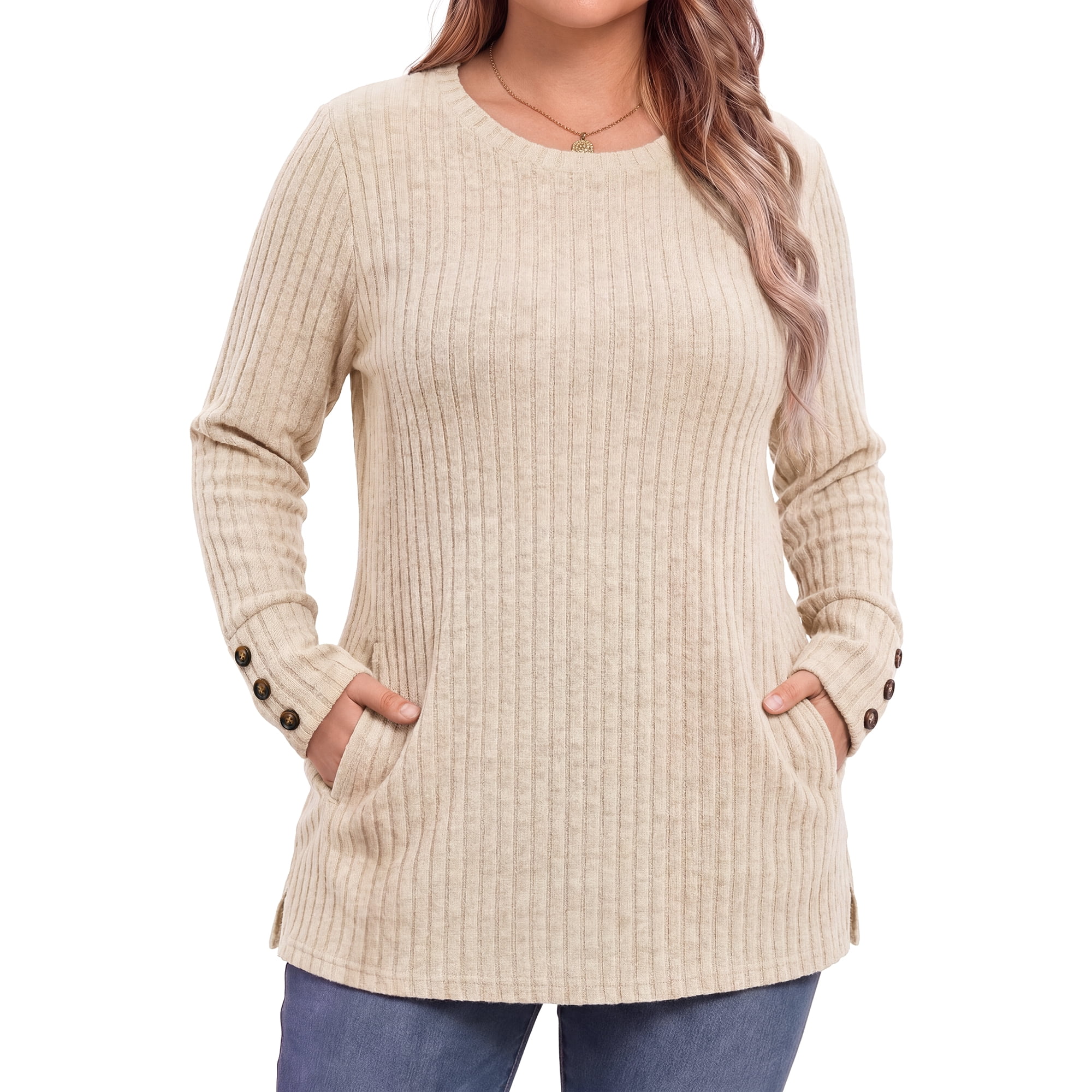 WellSize Plus Size Blouses for Women Casual Tunic Tops Long Sleeve Buttons Shirts Crew Neck Fall Sweaters with Pockets