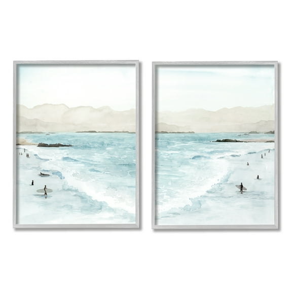 Stupell Industries Coastal Surfers High Tide Soft Beach Landscape Grey Framed Wall Art, 16 x 20, Design by Grace Popp