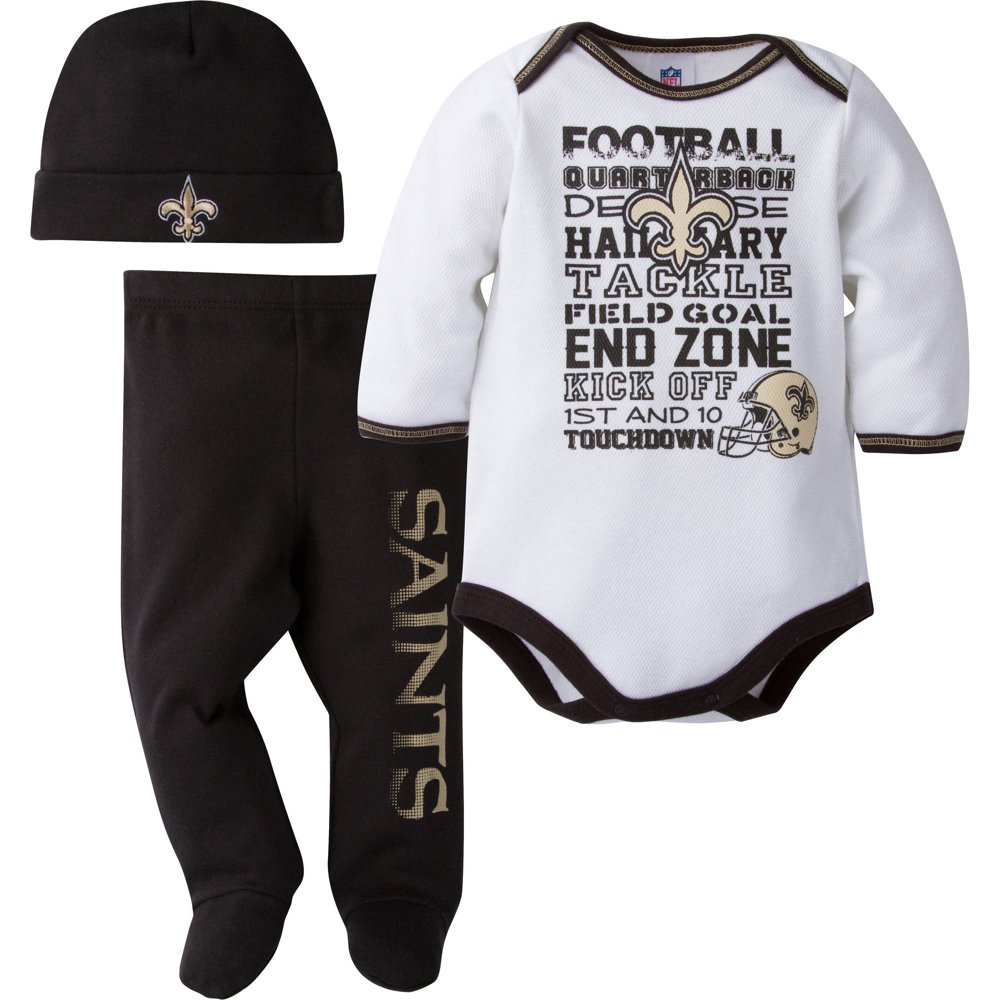NFL New Orleans Saints Baby Boys Bodysuit, Pant and Cap Outfit Set, 3
