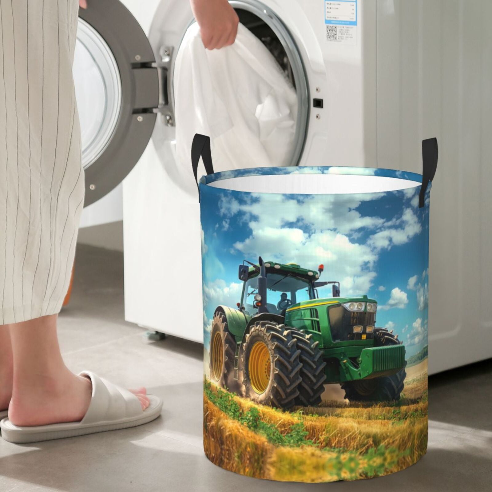 Large Laundry Basket with Handles - Green Tractor Field Kids Baby Dirty Clothes Laundry Hamper for Bedroom Aesthetic