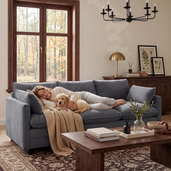 110" Cloud Couches for Living Room, Noelse 3 Seater Cloud Sofa with Double Layer Cushion and Deep Seat, Cream Couch with Washable Cover, Corduroy Fabric, Grey