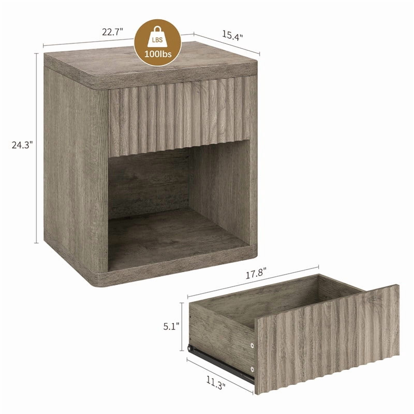 Fluted Nightstand with Drawer, Bedside Tables with Open Storage, Large Wood Night Stand for Bedroom Living Room, Grey