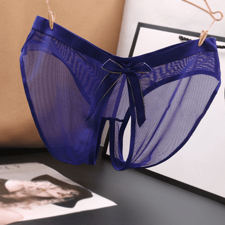 Fulorrnie Women s Low Rise Open Back Lace Thong Panties Bow Accent Breathable Mesh Underwear for Women  Blue  One Size