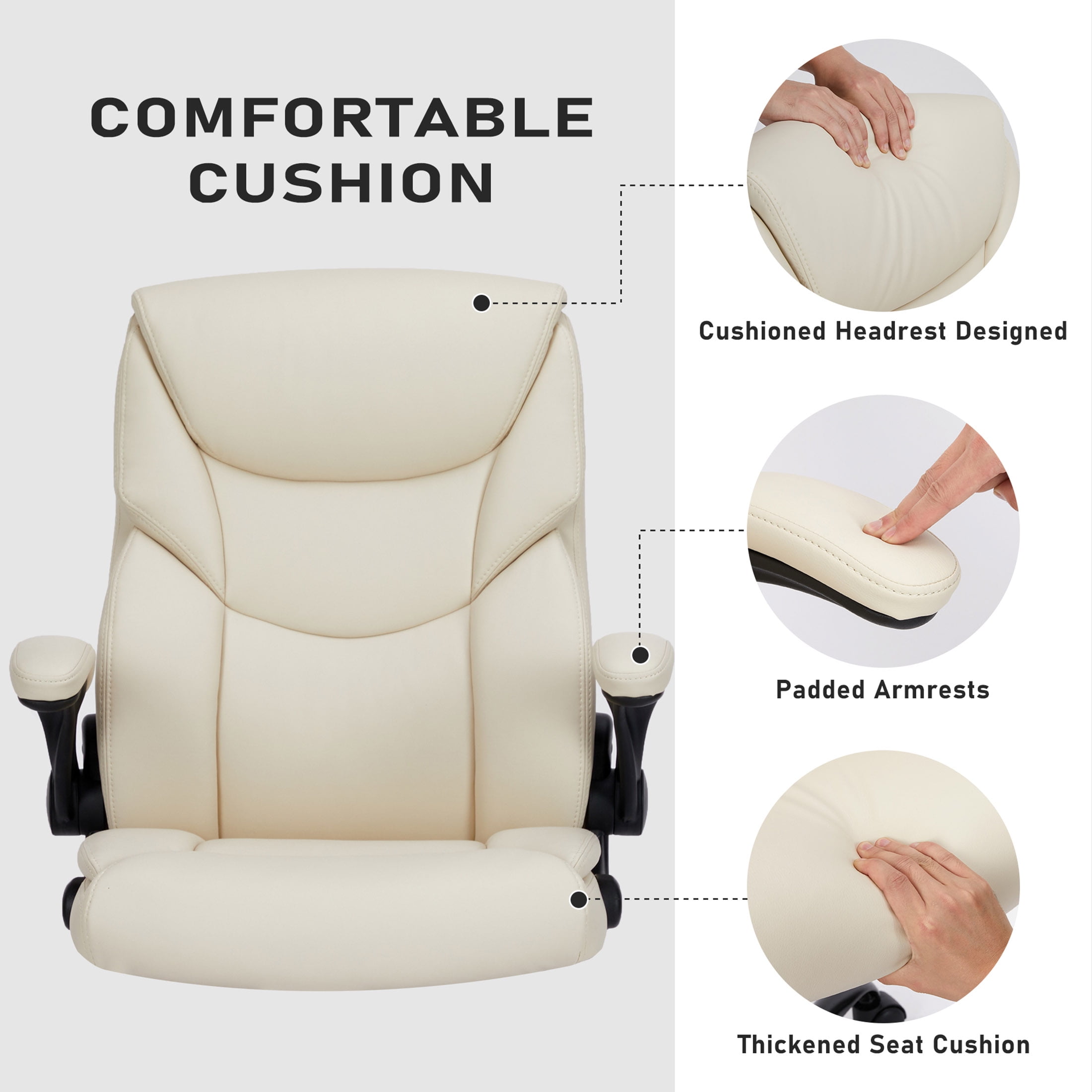 CONCETTA High Back Office Chair,PU Leather Desk Chair with Lumbar Support, Wheels, and Flip-up Armrest, White