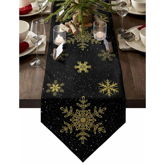 Table Runner Dresser Scarves Christmas Geometric Abstract Art Cotton Linen Burlap Table Cover Winter Gold Snowflake on Black Table Runners for Family Kitchen Dining Holiday Party Banquet Decor