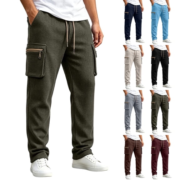 MXALUOB Cargo Pants for Men Waffle Knit Drawstring Waist Casual Pant Solid Color Workout Running Trousers with Zipper Pockets