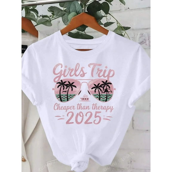Women's Girls Trip Printed T-Shirt, Palm Tree Sunglasses Design, Vacation Style Suitable For Beach, Summertime, Fashion Casual Solid Color Short Sleeve Crew Neck Top