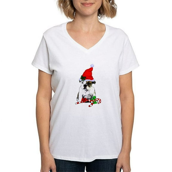 CafePress - English Bulldog Christmas T Shirt - Womens Cotton V-Neck T-shirt
