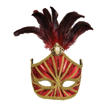 Deluxe Costume Red And Gold Mardi Gras Carnival Mask With Feather Plume