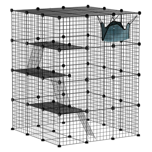 Cat Cage Indoor 4 Tier, Large Cat Crate with Hammock, Ramps, Jumping Platforms, 3x3x4, Black for 1-3 Cats