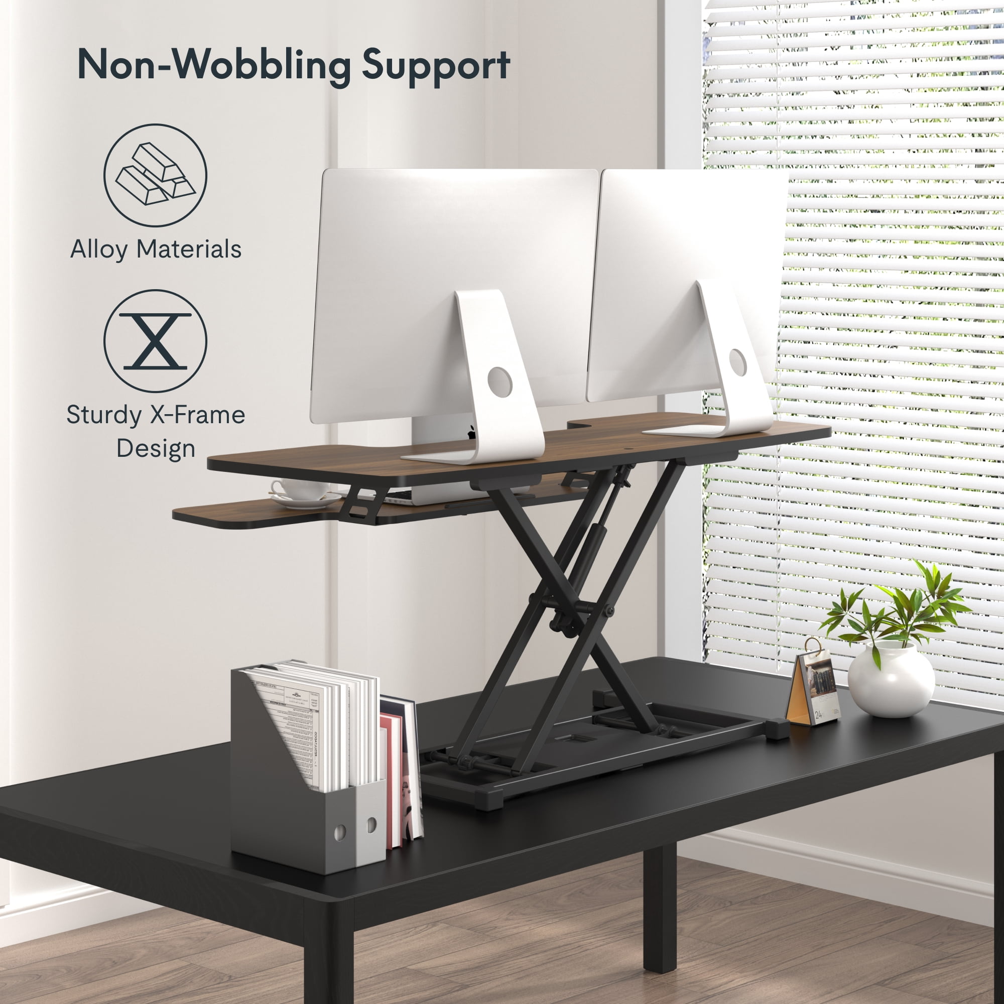 FitStand Home Office Height Adjustable Standing Desk Converter Walnut 42" U-Shape with Keyboard Tray