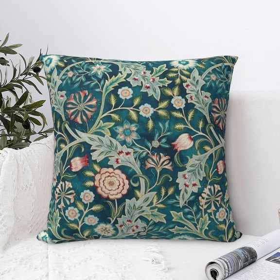 Teal Green Blue Vintage Floral Botanical William Morris Greenery Forest Fox Blue Green Decorative Throw Pillow Covers 18x18 inch Pillowcase Aesthetic Cushion Cover for Home Decor Sofa Living Room