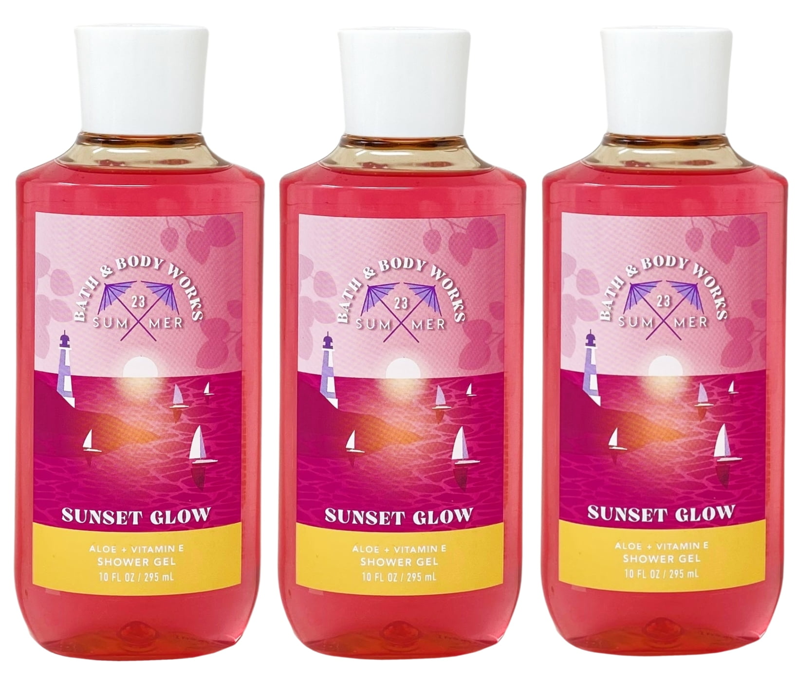 Bath & Body Works Sunset Glow 3 Shower Gels with a Peach Gardenia Sample Soap