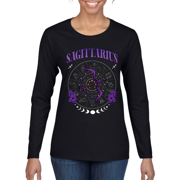 Wild Bobby Sagittarius Archer Bow Arrow Fire Sign, November 22 December 21, Constellations Horoscope Zodiac Birthday Birth Month Stone Gift for Men Women Graphic Long Sleeve Tee