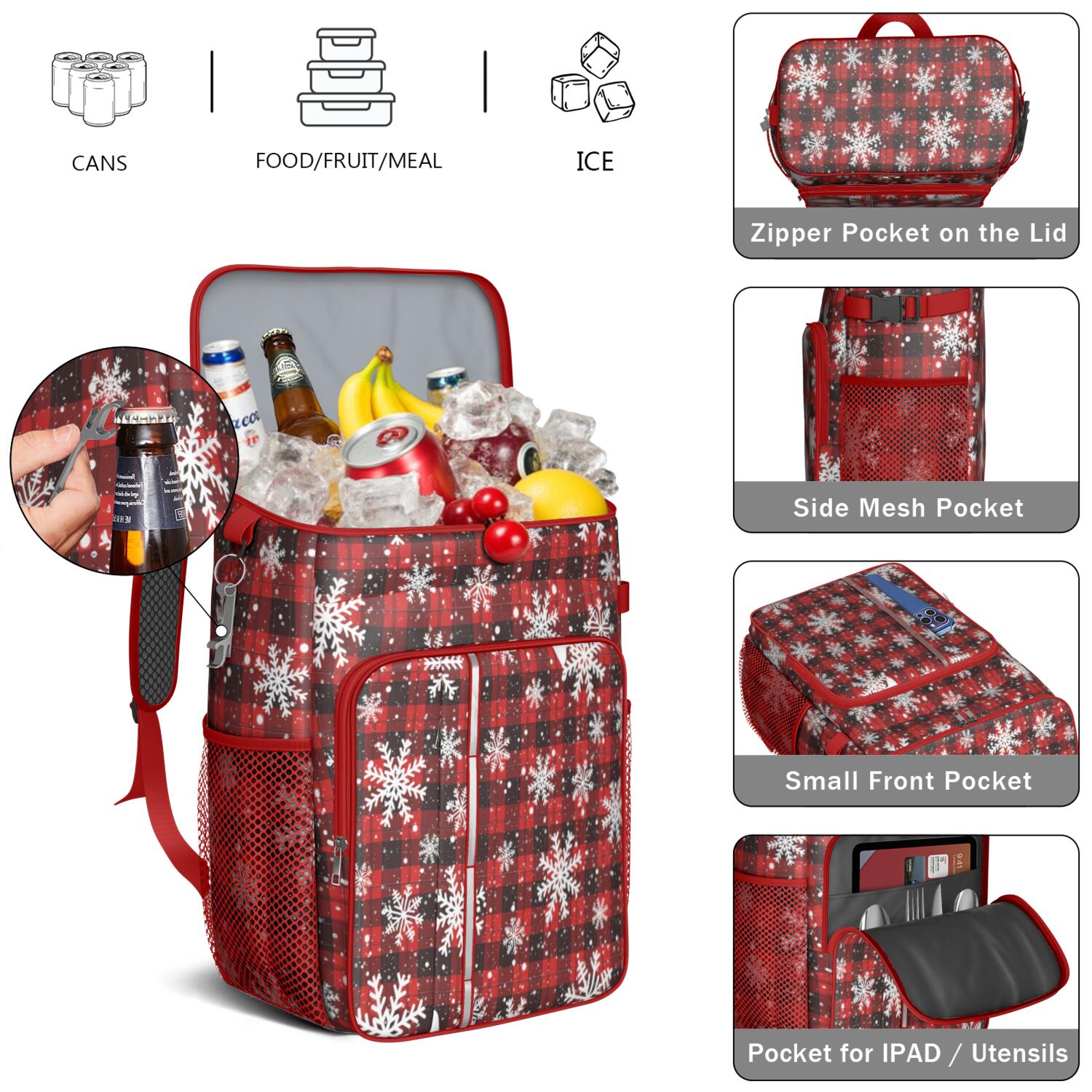 Travel Cooler Bag - Red and Black Christmas Snowflake Pattern Camping Beer Cooler Backpack with Bottle Opener- Waterproof Insulated Picnic Backpacks - Cooler Bag for Beach